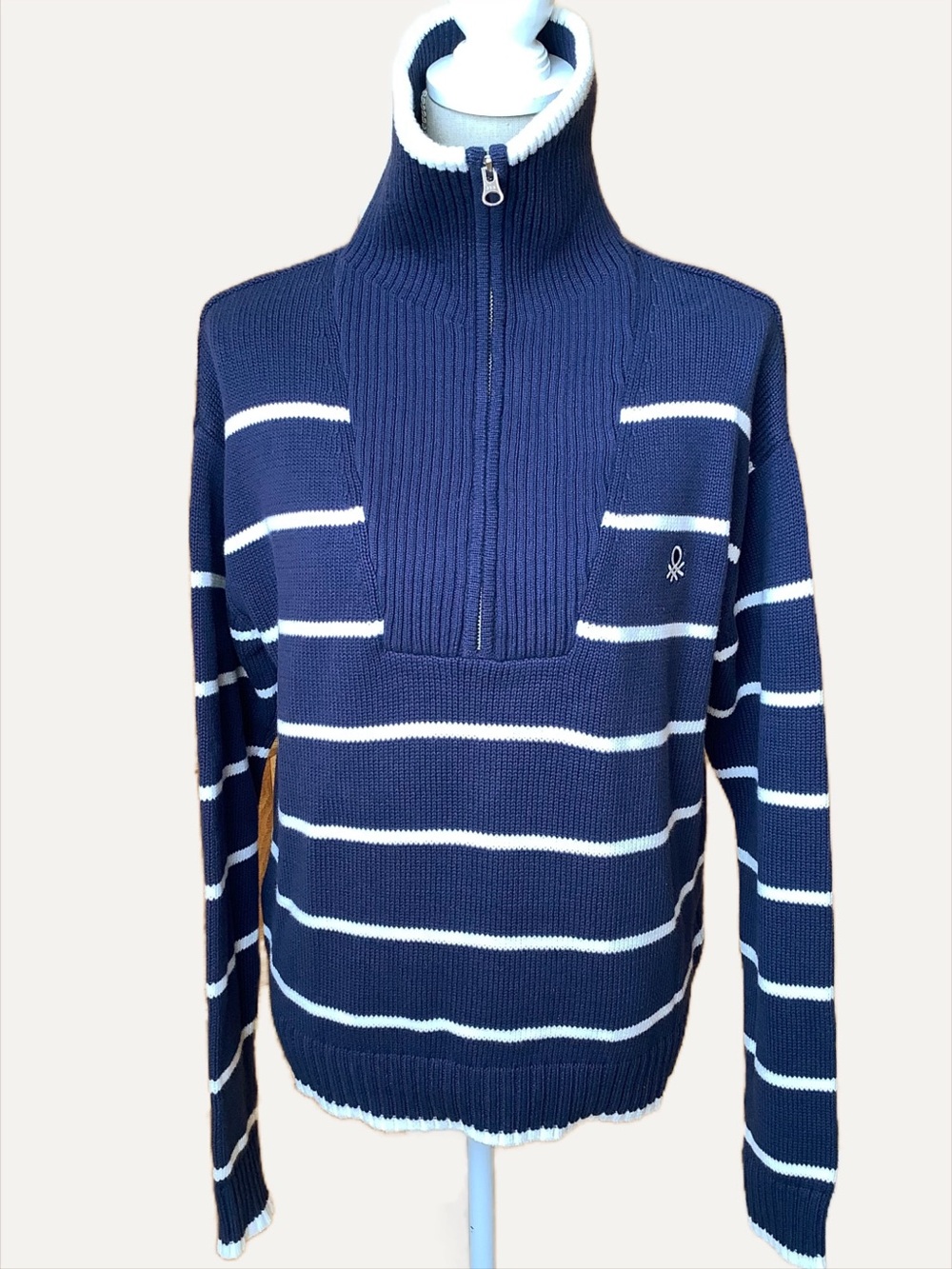 United Colors of Benetton Blue White Striped Half Zip Sweater M Cotton